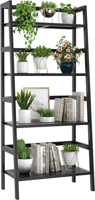 Homykic Bamboo Bookshelf 4-Tier Ladder Shelf, 49.2” Freestanding Open Bookcase Book Shelf Bathroom Storage Shelf Unit Plant Stand for Small Space, Living Room, Bedroom, Home Office, Black - LeafyLoom
