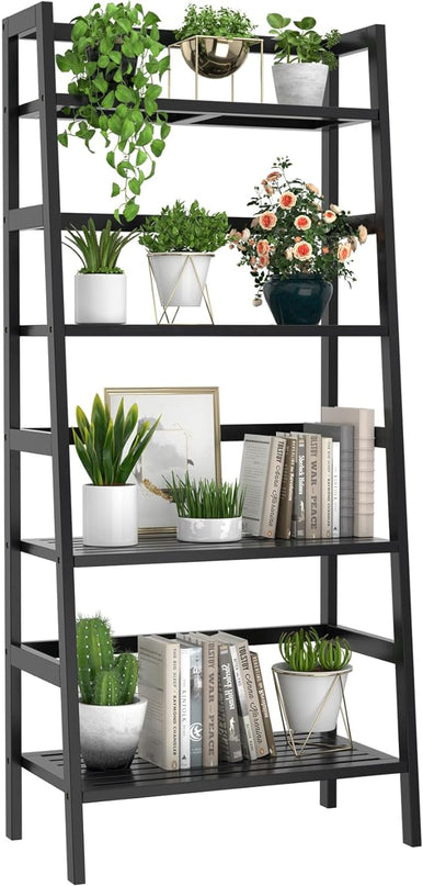 Homykic Bamboo Bookshelf 4-Tier Ladder Shelf, 49.2” Freestanding Open Bookcase Book Shelf Bathroom Storage Shelf Unit Plant Stand for Small Space, Living Room, Bedroom, Home Office, Black - LeafyLoom