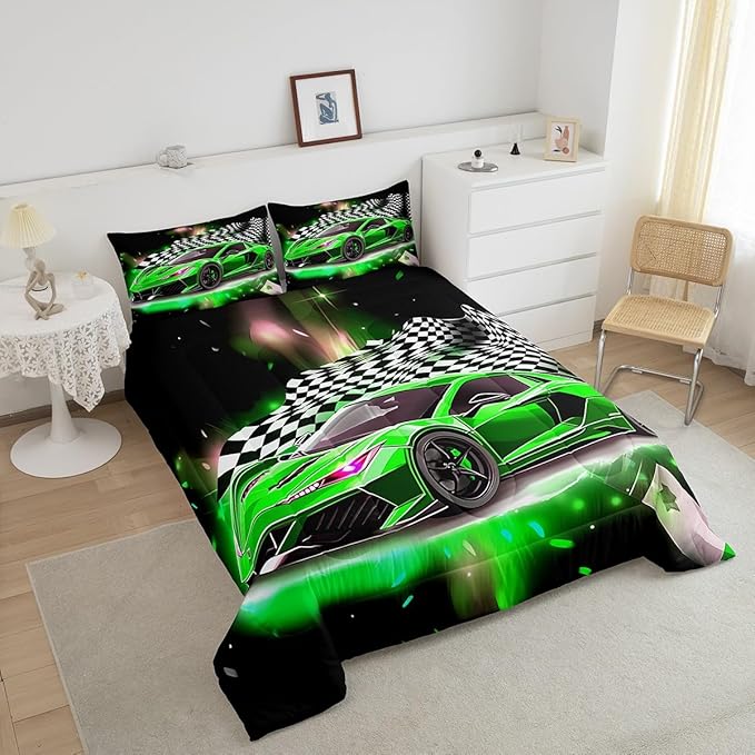 Feelyou Race Car Bedding Set Queen Size,Boys Extreme Sports Comforter Set for Kids Boys Car Racing Gifts,Green Cool Car Comforter Car Sports Quilt Set 1 Comforter with 2 Pillowcase Car Racing Gifts - LeafyLoom
