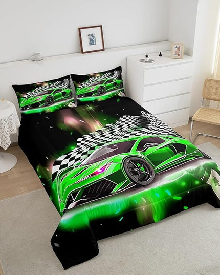 Feelyou Race Car Bedding Set Twin Size,Boys Extreme Sports Comforter Set for Kids Boys Car Racing Gifts,Green Cool Car Comforter Car Sports Quilt Set 1 Comforter with 1 Pillowcase Car Racing Gifts - LeafyLoom