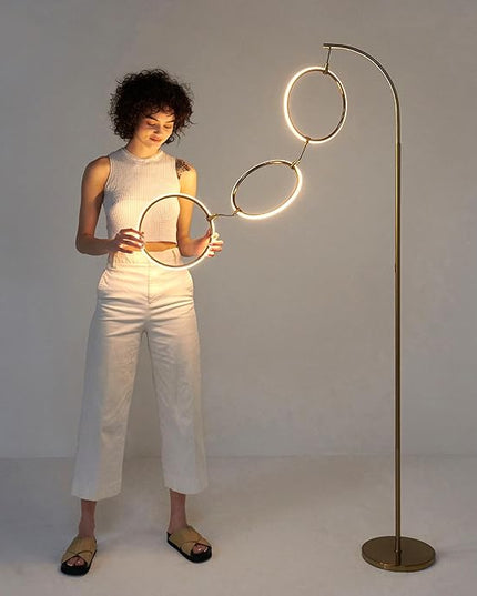 Brightech Nova Modern Floor Lamp - Contemporary Arc Tall Lamp with 3-Circle Ring-Style Pendant - Over the Couch Standing Lamp on Arching Pole - Eclectic Tall Lamp Matches Living Room Décor - Gold - LeafyLoom