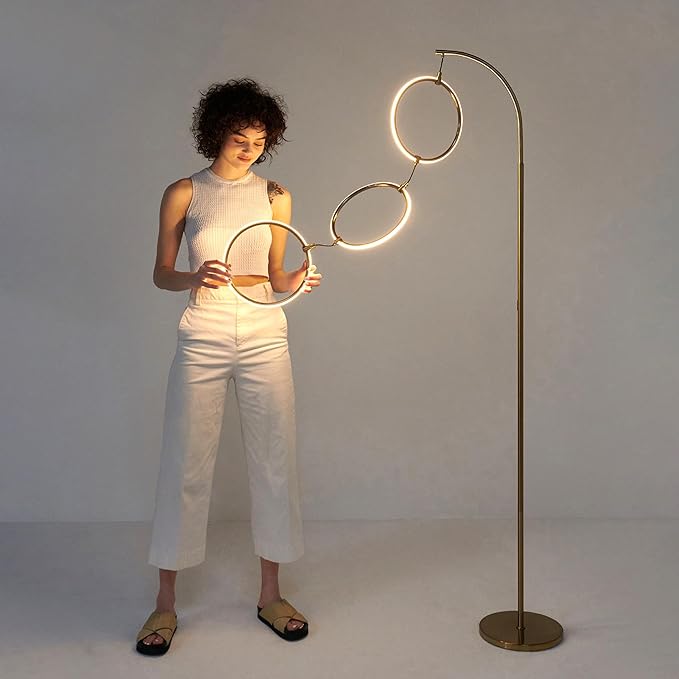 Brightech Nova Modern Floor Lamp - Contemporary Arc Tall Lamp with 3-Circle Ring-Style Pendant - Over the Couch Standing Lamp on Arching Pole - Eclectic Tall Lamp Matches Living Room Décor - Gold - LeafyLoom