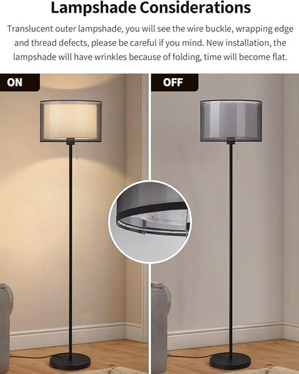 KDG Modern Floor Lamp for Living Room, Tall Standing Floor Lamp Corner Lighting, Fabric Lampshade LED Bulb Bright Pole Light, High Light for Bedroom, Reading, Office, Study Room, Warm Light(Black) - LeafyLoom