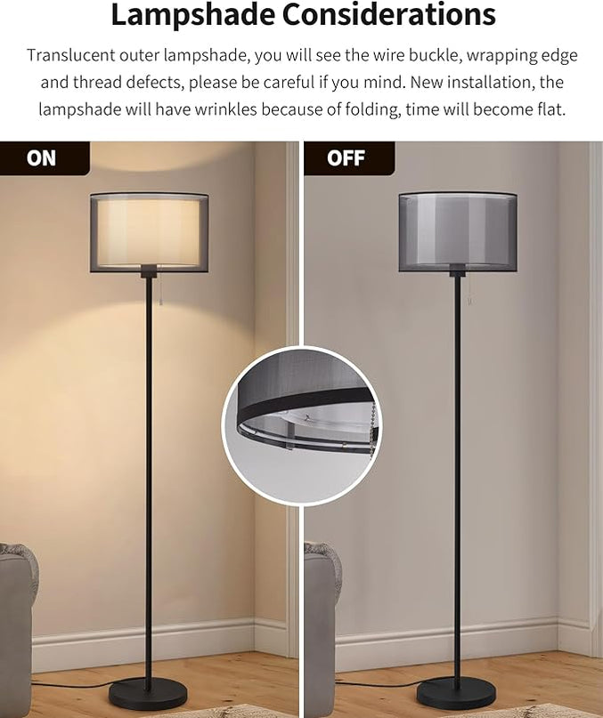 KDG Modern Floor Lamp for Living Room, Tall Standing Floor Lamp Corner Lighting, Fabric Lampshade LED Bulb Bright Pole Light, High Light for Bedroom, Reading, Office, Study Room, Warm Light(Black) - LeafyLoom
