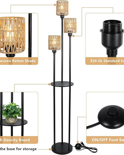 Boho Floor Lamp with Shelves, 3-Lights Farmhouse Tall Floor Lamp with ON/OFF Foot Switch, Rustic Standing Lamp with Rattan Shades for Living Room Bedroom Office - LeafyLoom