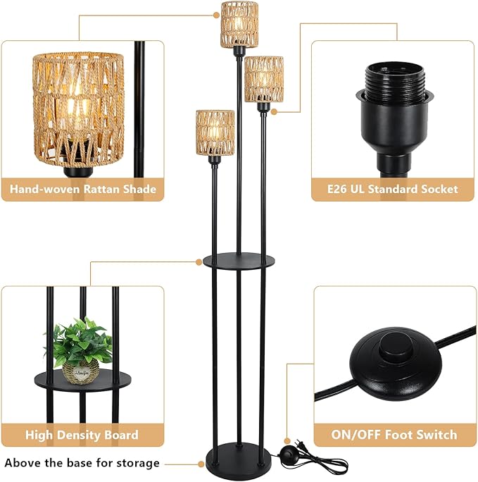 Boho Floor Lamp with Shelves, 3-Lights Farmhouse Tall Floor Lamp with ON/OFF Foot Switch, Rustic Standing Lamp with Rattan Shades for Living Room Bedroom Office - LeafyLoom