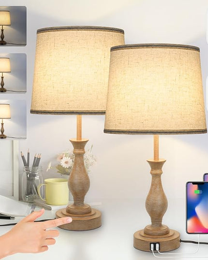 Touch Lamps for Bedrooms Set of 2, Farmhouse Table Lamp with Dual USB Charging Ports, 3 Way Dimmable Nightstand Lamps with Linen Fabric Lampshade for Bedroom, Living Room (Pack2-01A) - LeafyLoom