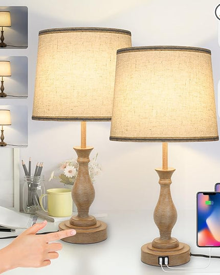 Touch Lamps for Bedrooms Set of 2, Farmhouse Table Lamp with Dual USB Charging Ports, 3 Way Dimmable Nightstand Lamps with Linen Fabric Lampshade for Bedroom, Living Room (Pack2-01A) - LeafyLoom