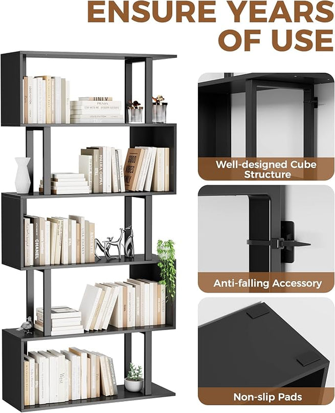 Gadroad 5-Tier Geometric Bookcase,S Shaped Bookshelf, Wood Decorative Storage Shelving, Modern Freestanding Display Shelves, Tall Book Shelf Unit for Living Room Bedroom, Black - LeafyLoom