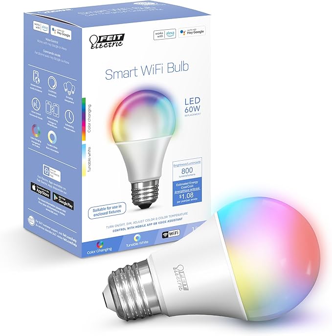 Feit Electric OM60/RGBW/CA/AG Smart WiFi Color Changing and Dimmable, Alexa or Google Assistant, No Hub Required A19 LED Light Bulb, 60W FeitElectricCompany