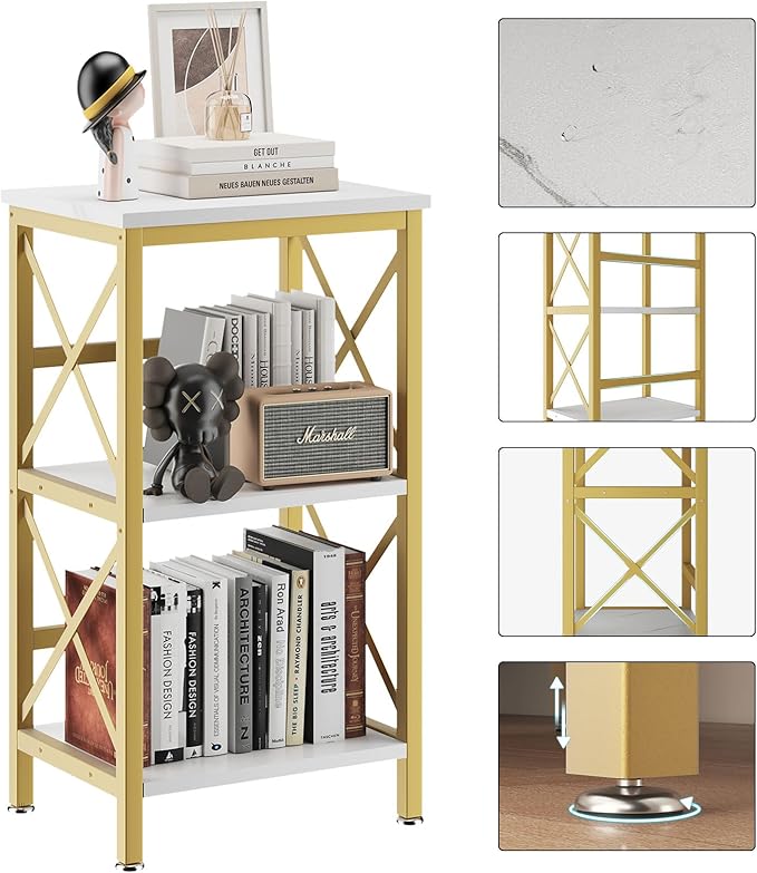 YMYNY 3 Tiers Bookcase, Industrial Metal Bookshelf with Side Fence, Storage Organizer for Living Room, Home Office, Bedroom, Display Racks, Sofa Side Table, 29.5 * 15.75 * 11.4", White UHST008W - LeafyLoom