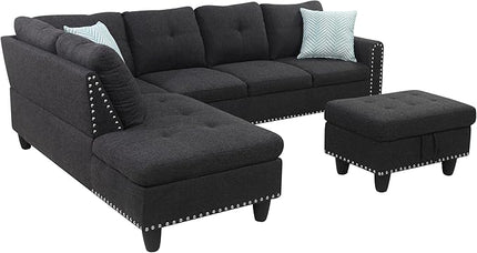 L Shape Modular Sectional Sofa with Cup Holders and Storage Ottoman,5-Seater Tufting Upholstered Corner Couch for Living Room,Apartment,Home Furniture Sets,Charcoal grey Left Chaise,98 Inch - LeafyLoom
