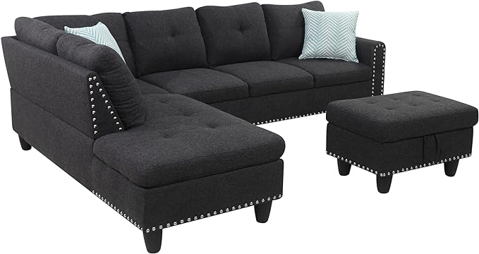 L Shape Modular Sectional Sofa with Cup Holders and Storage Ottoman,5-Seater Tufting Upholstered Corner Couch for Living Room,Apartment,Home Furniture Sets,Charcoal grey Left Chaise,98 Inch - LeafyLoom