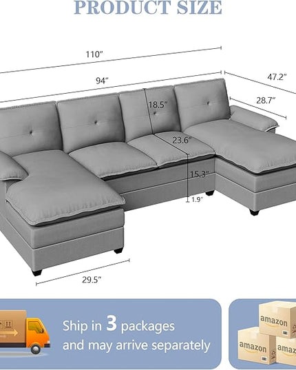 Shintenchi 110" Modular Sectional Couches for Living Room, U-Shaped Sofa Couch with Double Chaise, 4 Seat Sofa Sets with Thick Cushion & Soft Backrest, Light Grey - LeafyLoom