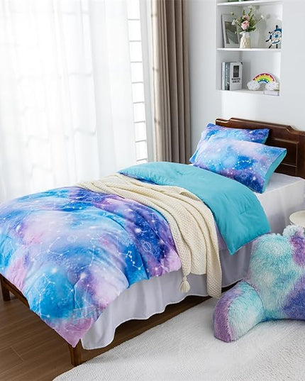 Holawakaka Tie Dye Galaxy Constellation Print Ombre Comforter Set Twin/Twin XL Size Girls Boys Dorm Gradient Space Stars Bedding Set (Blue Purple, Twin) - LeafyLoom
