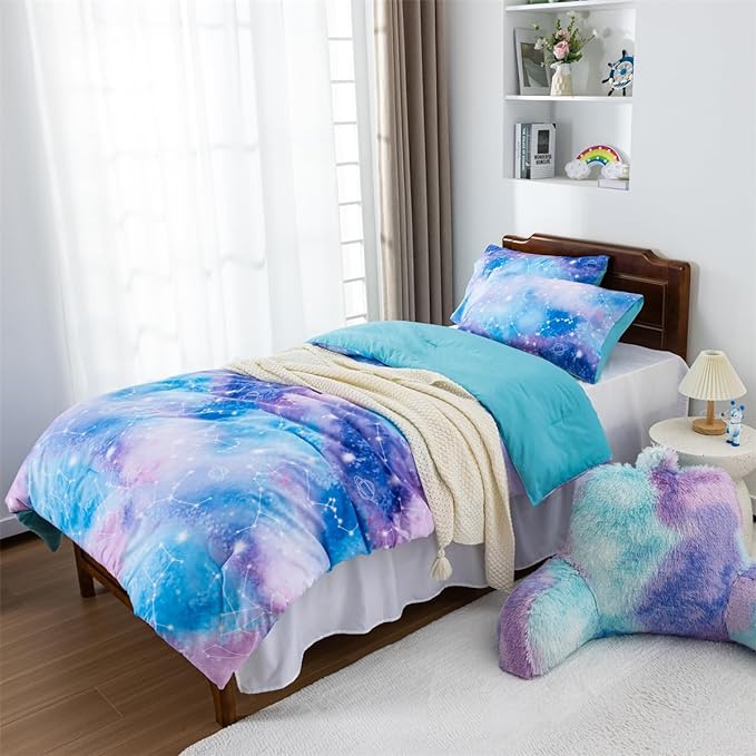 Holawakaka Tie Dye Galaxy Constellation Print Ombre Comforter Set Twin/Twin XL Size Girls Boys Dorm Gradient Space Stars Bedding Set (Blue Purple, Twin) - LeafyLoom