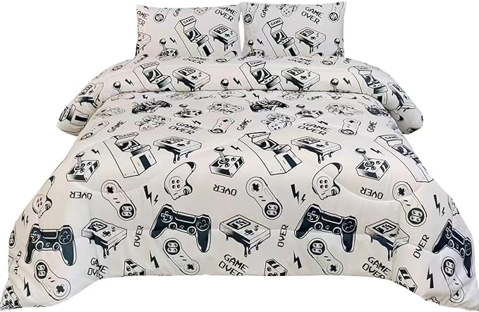 3PCS White Gamer Comforter Set Twin for Boys Girls Teens and Kids, Soft Microfiber Gamer Twin Quilt Bedding Set, Bed in a Bag Lightweight Summer Comforter, Twin - LeafyLoom