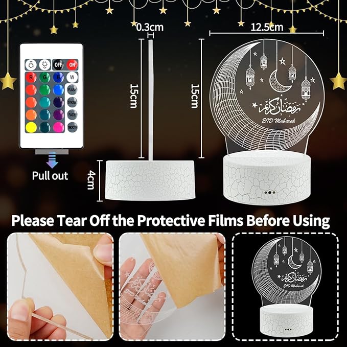 Ramadan Mubarak Decorations, Ramadan LED Night Light with Remote 16 Color Flashing, Eid al-Fitr Mubarak 3D Star Moon Lights for Bedroom Ramadan Gifts for Islamic Holiday Believers Muslims Home Decor - LeafyLoom