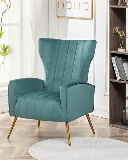 Armchair Modern Velvet Accent Chair, Channel Tufted Bedroom, Office or Living Room Furniture with Elegant Metal Legs, Teal - LeafyLoom
