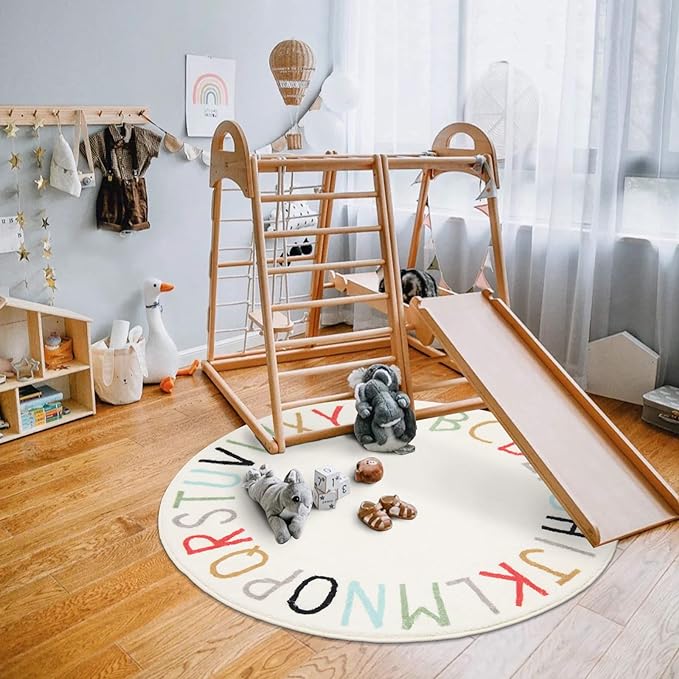 Topotdor Rainbow Round Kids Play Rug Alphabet Nursery Area Rug Extra Large Soft Crawling Play Mat for Children Toddlers Bedroom (40 inch, Multi Color) - LeafyLoom
