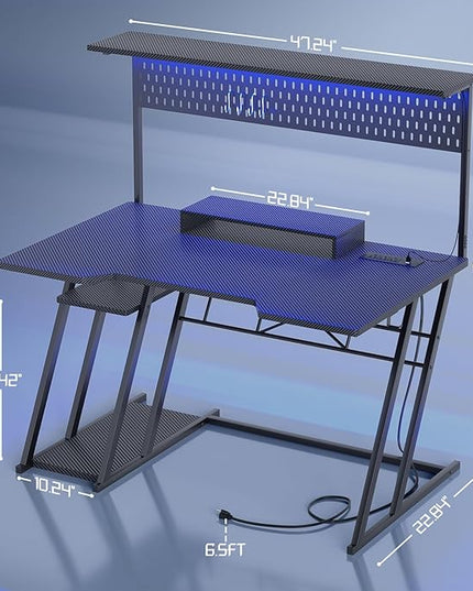 Gaming Computer Desk with Shelves and Outlets, Gaming Desk with Hutch and LED Lights, Reversible PC Gaming Desk with Pegboard, Carbon Fiber Black 47'' - LeafyLoom