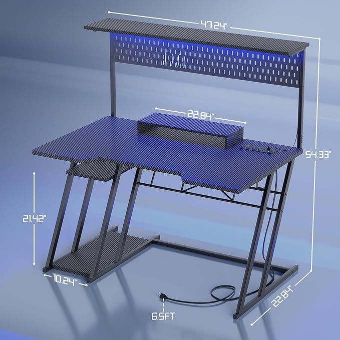 Gaming Computer Desk with Shelves and Outlets, Gaming Desk with Hutch and LED Lights, Reversible PC Gaming Desk with Pegboard, Carbon Fiber Black 47'' - LeafyLoom