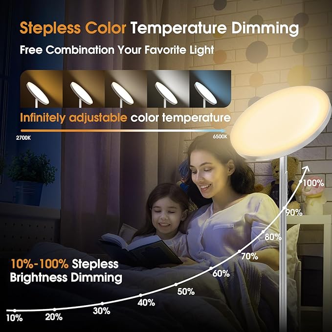 Floor Lamp, 36W/3600LM Super Bright Floor Lamp with Remote Control, Stepless Adjust Color Temperatures & Brightness, Torchiere Standing Lamp for Living Room Bedroom Office - LeafyLoom