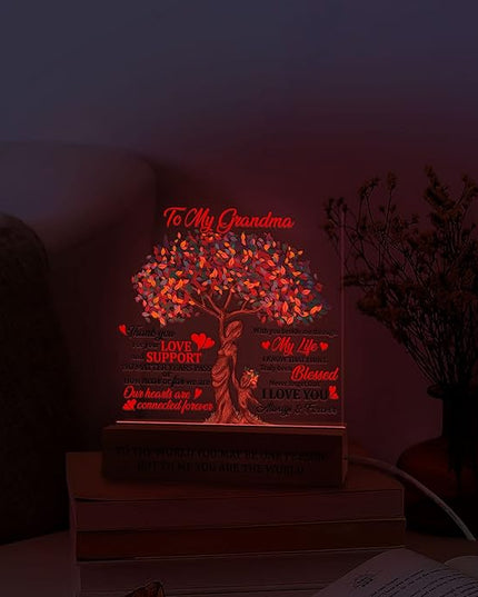 Grandma 3D Illusion Lamp Wooden Base USB Powered Acrylic Night Light, Grandma Gift from Grandson Granddaughter, to my Grandma 3D Lamp, Gifts for Grandma Grandmother Mom on Mothers Day - LeafyLoom