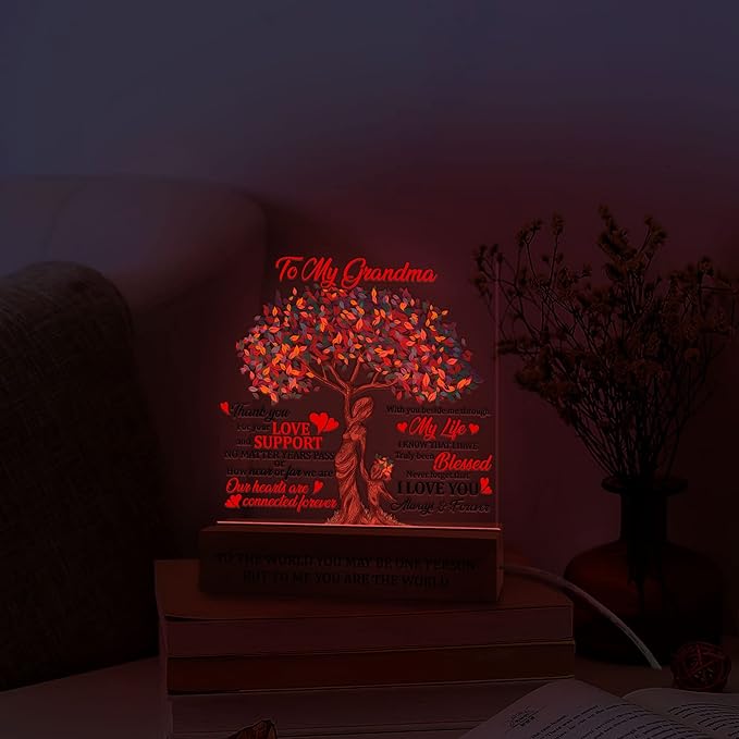 Grandma 3D Illusion Lamp Wooden Base USB Powered Acrylic Night Light, Grandma Gift from Grandson Granddaughter, to my Grandma 3D Lamp, Gifts for Grandma Grandmother Mom on Mothers Day - LeafyLoom
