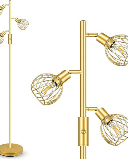 Gold Floor Lamp, Industrial Floor Lamp, Modern Standing lamp with 3 Adjustable Light, 4W E12 LED Bulbs, Metal Stand Up Lamps, Vintage Farmhouse Tree Floor Lamps for Living Room/Bedroom/Office - LeafyLoom