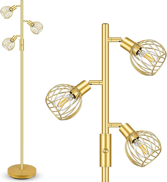 Gold Floor Lamp, Industrial Floor Lamp, Modern Standing lamp with 3 Adjustable Light, 4W E12 LED Bulbs, Metal Stand Up Lamps, Vintage Farmhouse Tree Floor Lamps for Living Room/Bedroom/Office - LeafyLoom