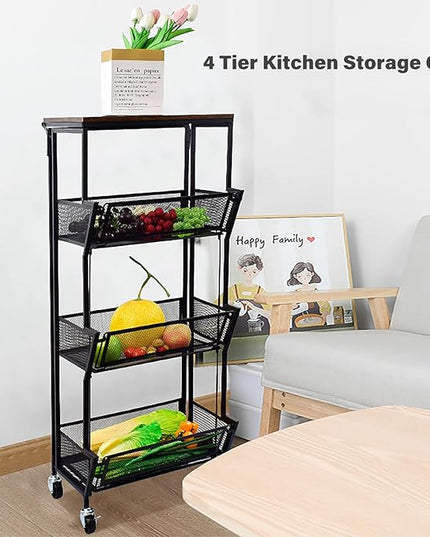 Slim Rolling Storage Cart,4 Tier Kitchen Storage Cart on Wheels,Small Metal Rolling Cart with Wooden Tabletop for Narrow Space in Kitchen,Bathroom,Laundry/Dining/Living Room,Office - LeafyLoom