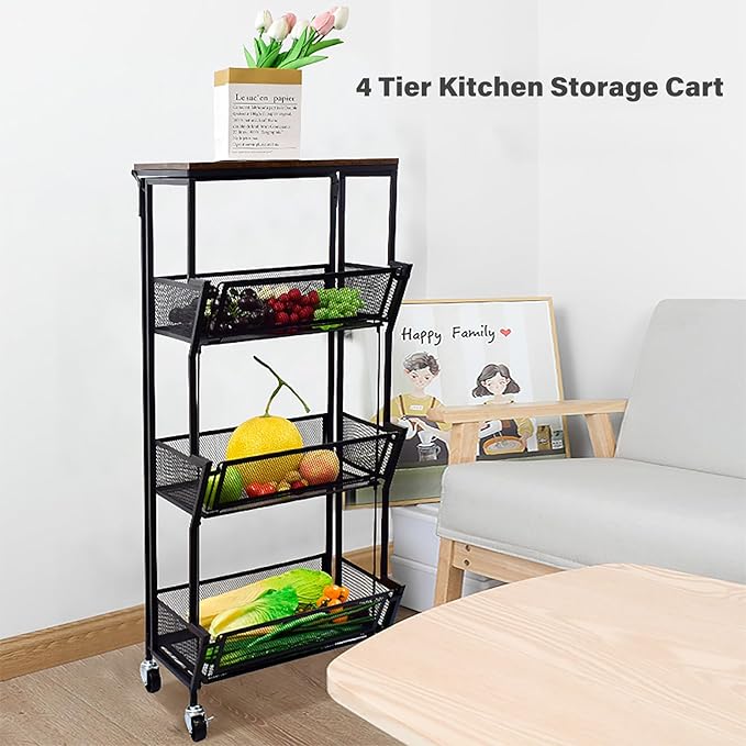 Slim Rolling Storage Cart,4 Tier Kitchen Storage Cart on Wheels,Small Metal Rolling Cart with Wooden Tabletop for Narrow Space in Kitchen,Bathroom,Laundry/Dining/Living Room,Office - LeafyLoom
