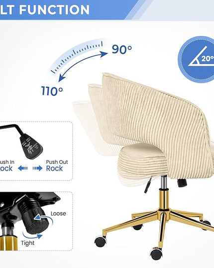Home Office Chair, Corduroy Swivel Desk Chairs, Modern Computer Chair with Wheels and Gold Base, Comfy Arm Chair for Bedroom, Living Room, Study, Vanity Room, Light Yellow - LeafyLoom