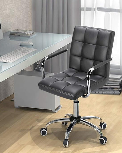 Yaheetech Mid Back Desk Chair, PU Leather Office Task Chair with Armrests/Large Seat, Adjustable Chair with Wheels, Grey - LeafyLoom