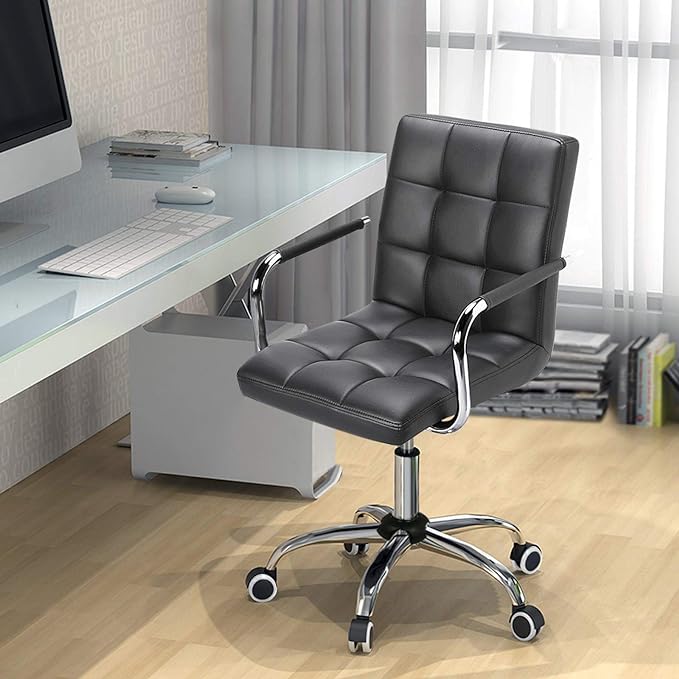 Yaheetech Mid Back Desk Chair, PU Leather Office Task Chair with Armrests/Large Seat, Adjustable Chair with Wheels, Grey - LeafyLoom