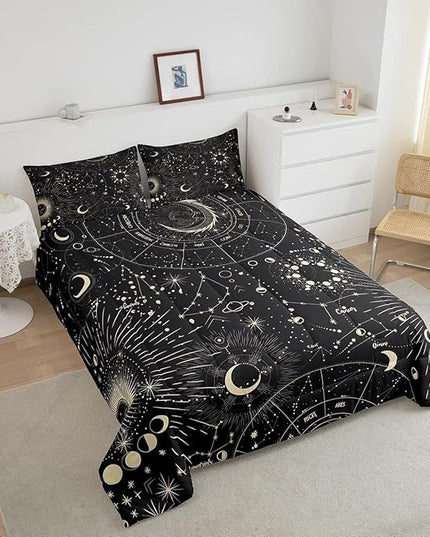 Feelyou Sun and Moon Comforter Set Boho Exotic Bedding Set Galaxy Astrology Comforter for Boys Girls Children Teens Bedroom Decor Chic Cute Luxury Zodiac Signs Duvet Set Queen Size Quilt Set - LeafyLoom
