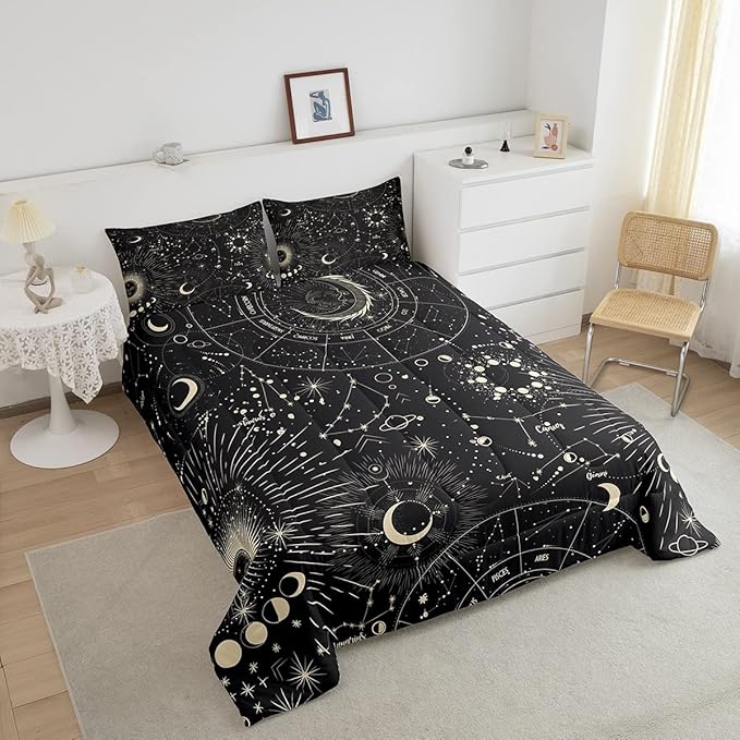 Feelyou Sun and Moon Comforter Set Boho Exotic Bedding Set Galaxy Astrology Comforter for Boys Girls Children Teens Bedroom Decor Chic Cute Luxury Zodiac Signs Duvet Set Queen Size Quilt Set - LeafyLoom