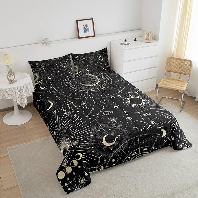 Feelyou Sun and Moon Comforter Set Boho Exotic Bedding Set Galaxy Astrology Comforter for Boys Girls Children Teens Bedroom Decor Chic Cute Luxury Zodiac Signs Duvet Set Twin Size Quilt Set - LeafyLoom