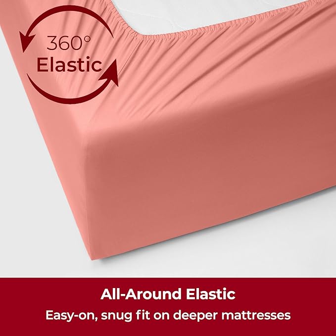 Mellanni Extra Deep Twin Sheets - 3 PC Iconic Collection Bedding Sheets & Pillowcases - Hotel Luxury, Ultra Soft, Cooling Bed Sheets - Extra Deep Pocket up to 21 inch (Twin, Coral) - LeafyLoom