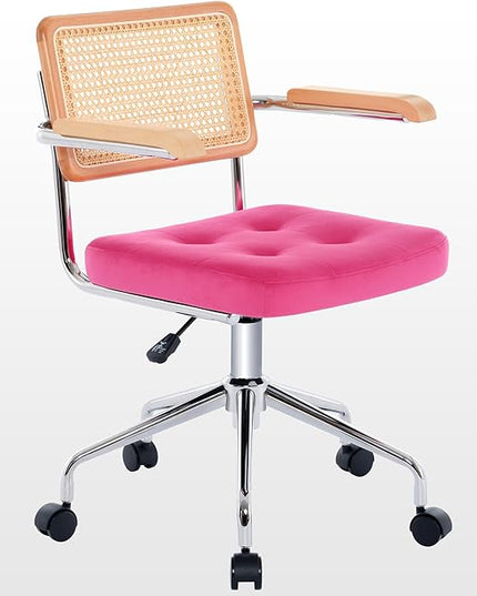 Zesthouse Modern Home Office Chair Velvet Desk Chair with Natural Rattan Back, Vanity Chair for Girls Women, Upholstered Tufted Swivel Armchair, Height Adjustable Computer Task Chair, Rose Red - LeafyLoom