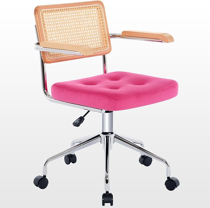 Zesthouse Modern Home Office Chair Velvet Desk Chair with Natural Rattan Back, Vanity Chair for Girls Women, Upholstered Tufted Swivel Armchair, Height Adjustable Computer Task Chair, Rose Red - LeafyLoom