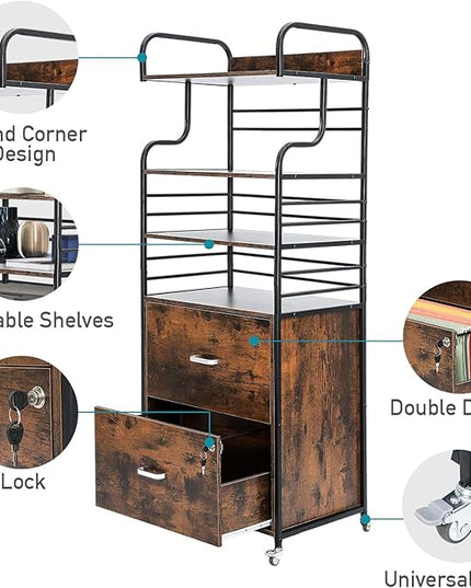 Vertical File Cabinet, 2 Drawer Mobile Filing Cabinet with 3 Bookshelf, Printer Stand with Open Storage Shelves Fits A4/Letter/Legal Size File Cabinets for Home Office Organizer, Brown - LeafyLoom