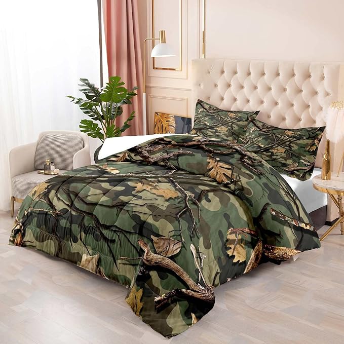 LUVIVIHOME 3PCS Green Camo Comforter Set King Size, Rustic Camouflage Bedding Quilt Country Farmhouse Forest Man Cave Bedroom Decor, Hunting Gifts for Men Husband Boyfriend Boys, 2 Pillow Shams - LeafyLoom