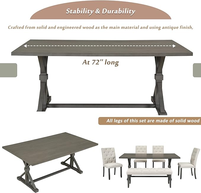 Farmhouse Rectangular 72" Wood, 4 Upholstered Chairs with Bench, Easy to Assemble, for Living, Guest Room, Home Bar and Kitchen, 6 Piece Dining Table Set, Gray 14 - LeafyLoom