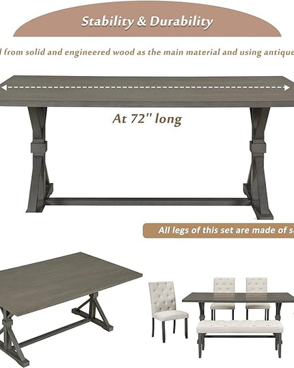 Piece Wood Rectangular Dining Set for 6, includes 1 Table with Cross-Legged Trestle Base, 4 Upholstered High Back Chairs & 1 Bench, Farmhouse Style, Gray, 72" L x 42" W x 30" H - LeafyLoom