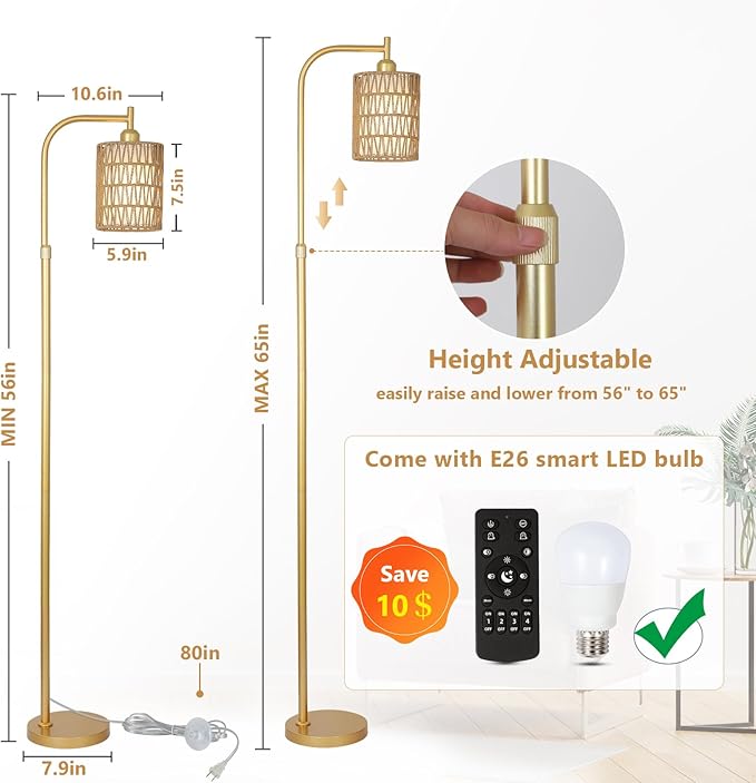 Modern Gold Floor Lamps for Living Room, Boho Rattan Floor Lamp with Remote & Dimmable LED Bulb, Farmhouse Standing Lamp with Rattan Shades, Minimalist Tall Pole Lamp for Bedroom Office - LeafyLoom
