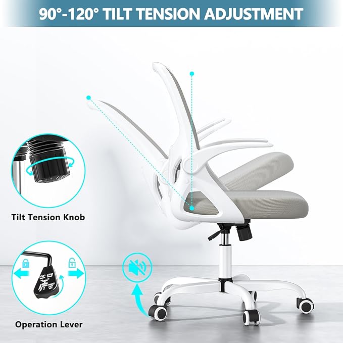 Office Desk Chair with Lumbar Support Ergonomic Mesh Office Chair with Wheels and Flip-up Armrests Adjustable Height Swivel Computer Chair for Home and Office (Grey) - LeafyLoom