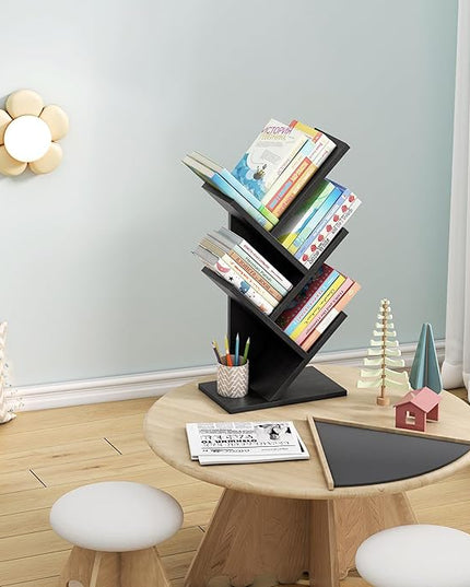 Hoctieon 4 Tier Tree Bookshelf, 4 Shelf Bookcase, Free Standing Tree Bookcase, Display Floor Standing Shelf for Books, Book Organizer Shelves for Home Office, Living Room, Bedroom, Black - LeafyLoom