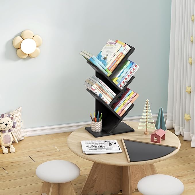 Hoctieon 4 Tier Tree Bookshelf, 4 Shelf Bookcase, Free Standing Tree Bookcase, Display Floor Standing Shelf for Books, Book Organizer Shelves for Home Office, Living Room, Bedroom, Black - LeafyLoom